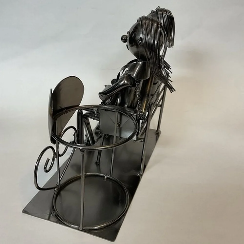 VTG Metal Statue Love Couple On‎ The Bench Wine Bottle/Candle Holder 8